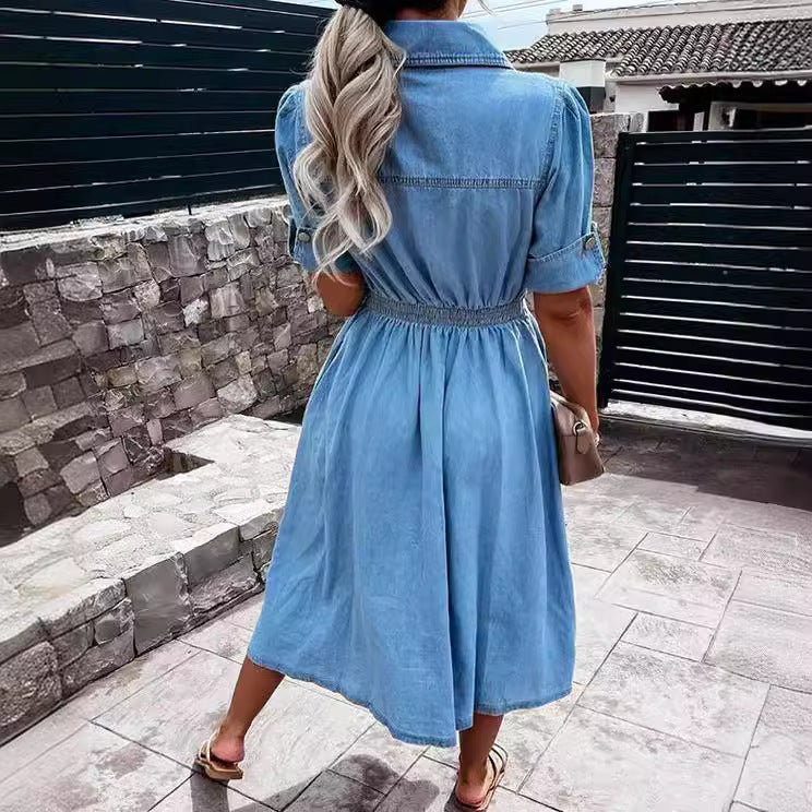 Denim Lapel Dress – Single-Breasted Slim Fit Short-Sleeve Summer Style