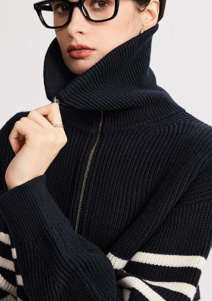 Women’s Breton Stripe Quarter-Zip Jumper - Fall Winter Heavyweight Wool-Cotton Sweater