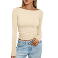 Slim Long‑Sleeve Crop Top – Solid Round Neck Casual Ribbed Shirt - Luxxella