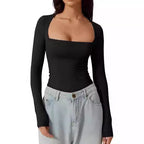 Square Neck Long Sleeve Slim Fit Pullover T‑Shirt