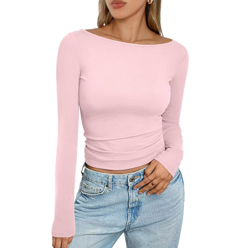 Slim Long‑Sleeve Crop Top – Solid Round Neck Casual Ribbed Shirt - Luxxella