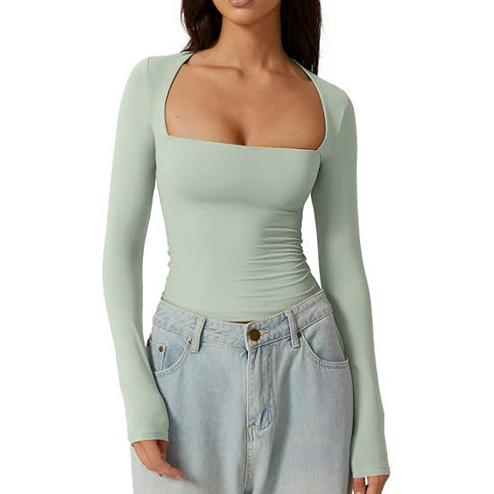 T-shirt pull moulant à manches longues et col carré pour femme