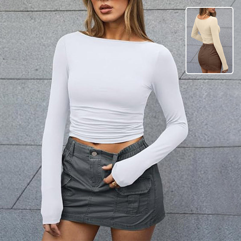 Slim Long‑Sleeve Crop Top – Solid Round Neck Casual Ribbed Shirt - Luxxella