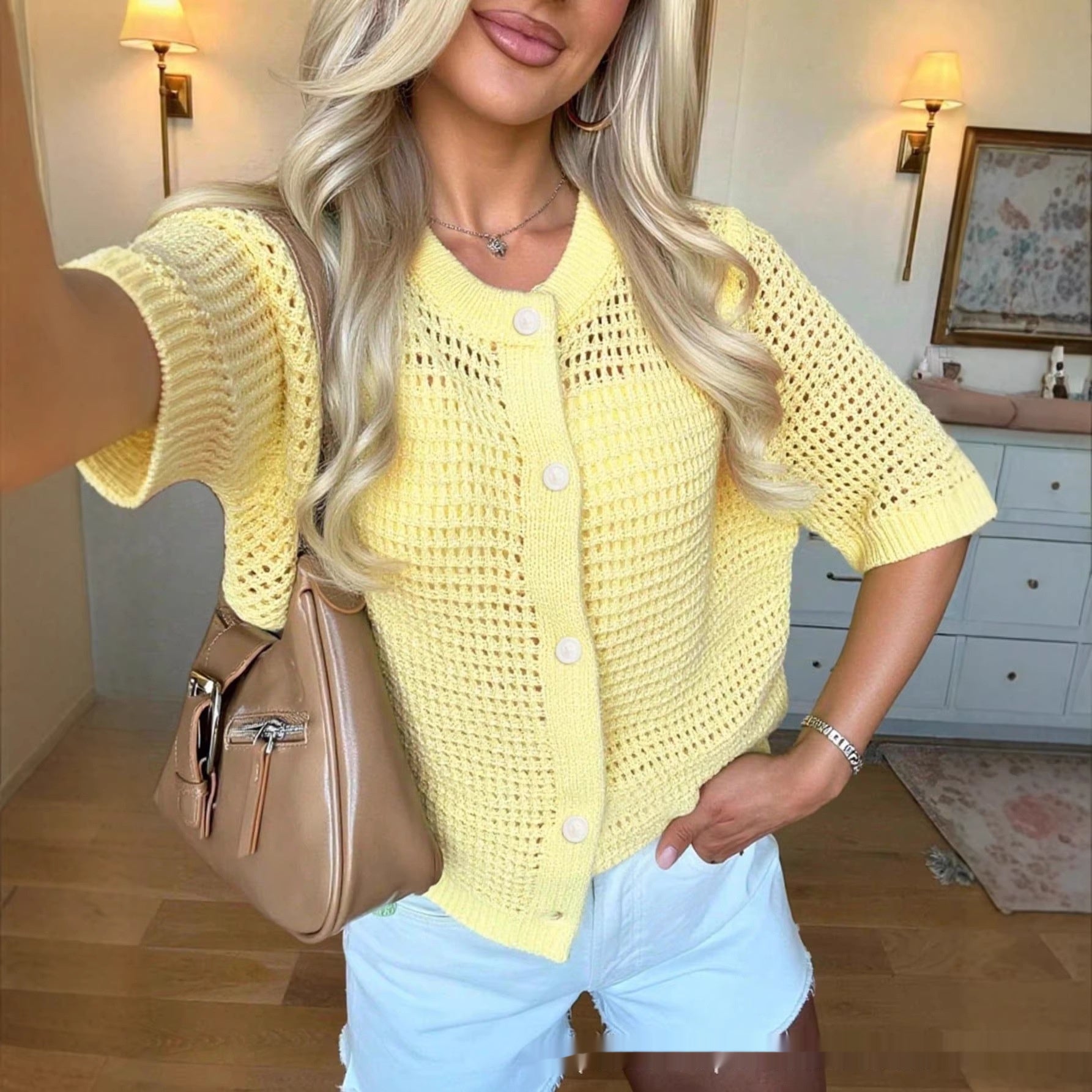 Knitted Summer Cardigan Jacket – Hollow-Out Short-Sleeve Blouse