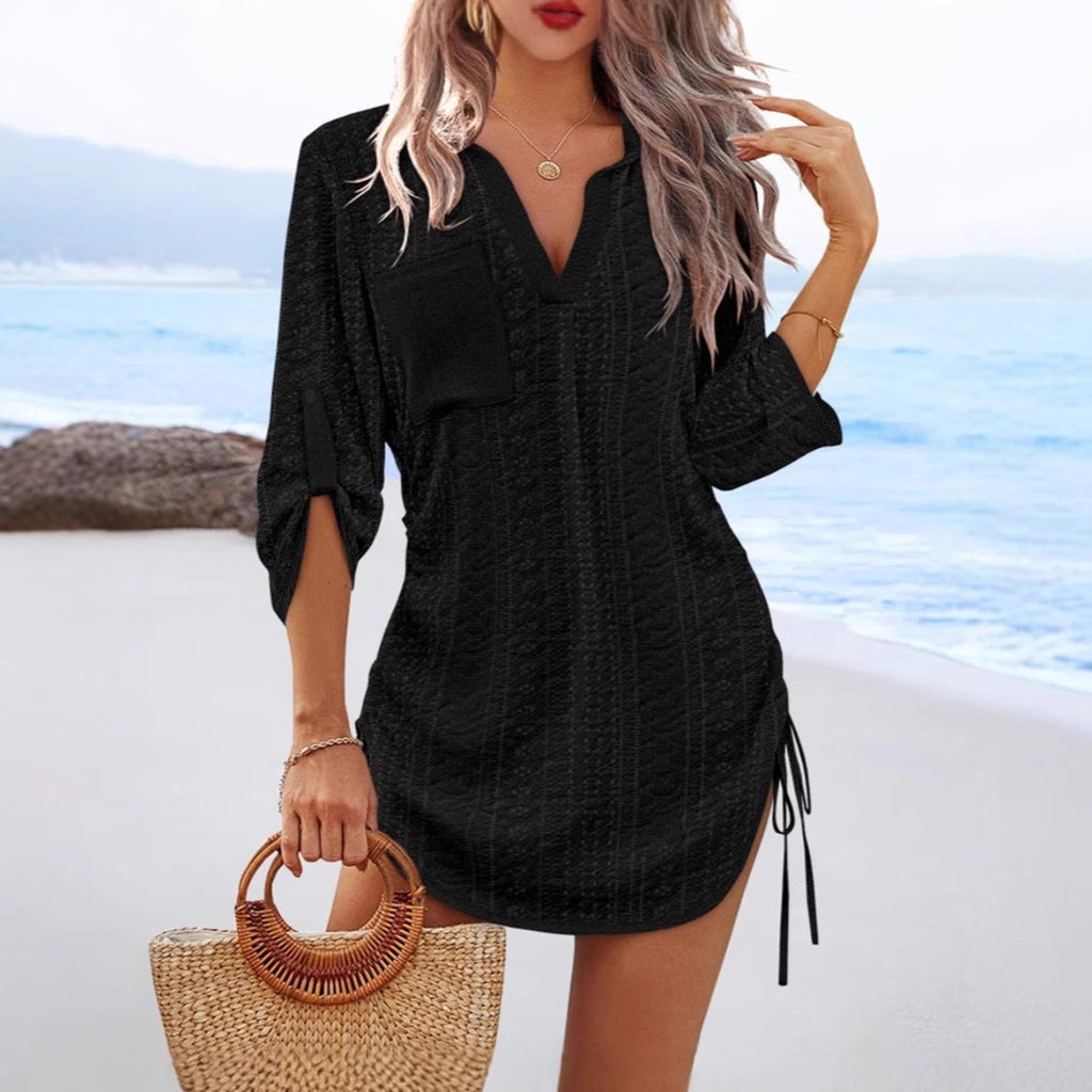 Robe d'été évidée pour femme - Design plissé sur les côtés avec lien à nouer