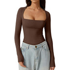 Square Neck Long Sleeve Slim Fit Pullover T‑Shirt