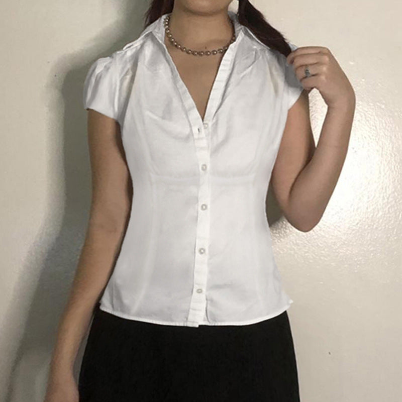 White Polo Shirt – Slim Waist V Neck Short Sleeve Shirt