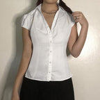 White Polo Shirt – Slim Waist V Neck Short Sleeve Shirt - Luxxella