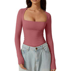 Square Neck Long Sleeve Slim Fit Pullover T‑Shirt