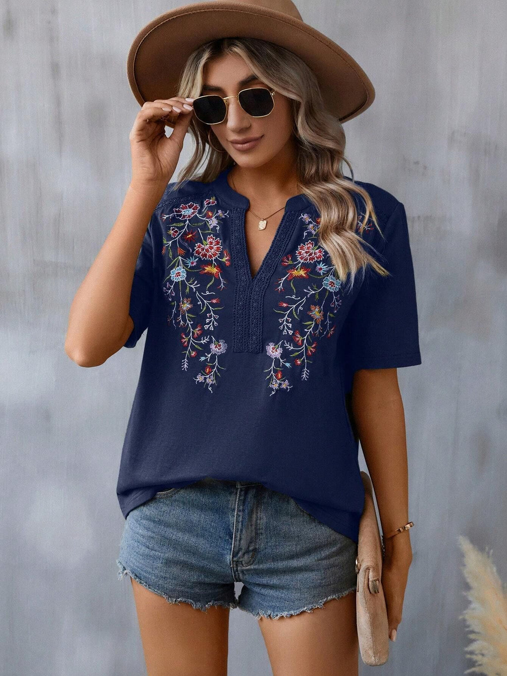 Floral Embroidered Blouse – Short Sleeve V Neck Summer Top - Luxxella