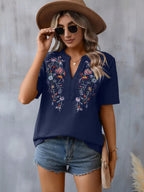 Floral Embroidered Blouse – Short Sleeve V Neck Summer Top - Luxxella