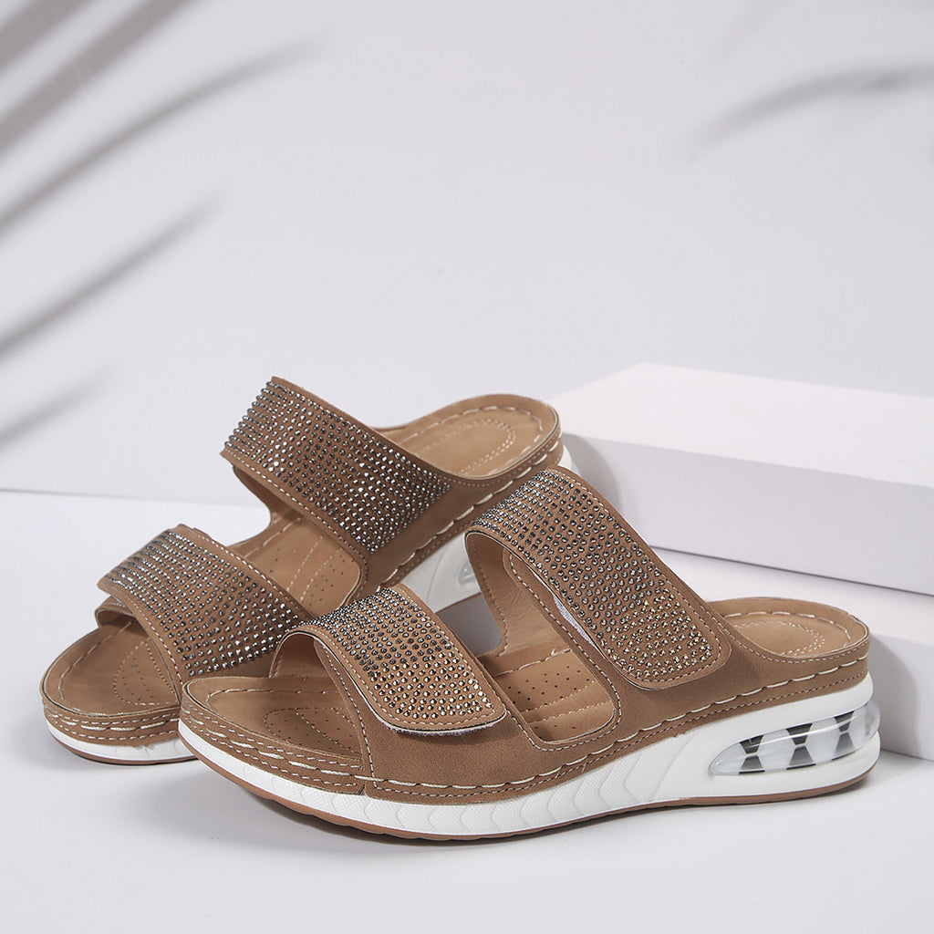 Rhinestone Wedge Slide Sandals – Comfortable Platform Open Toe Slides - Luxxella