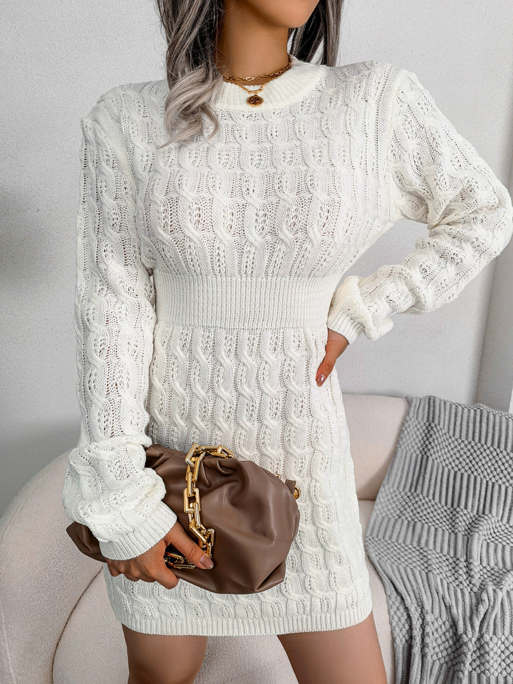 Women’s Round‑Neck Knitted  Dress – Long Sleeve Slim Fit Waist Bodycon Sweater Style