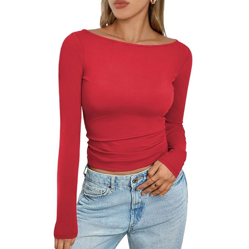 Slim Long‑Sleeve Crop Top – Solid Round Neck Casual Ribbed Shirt - Luxxella