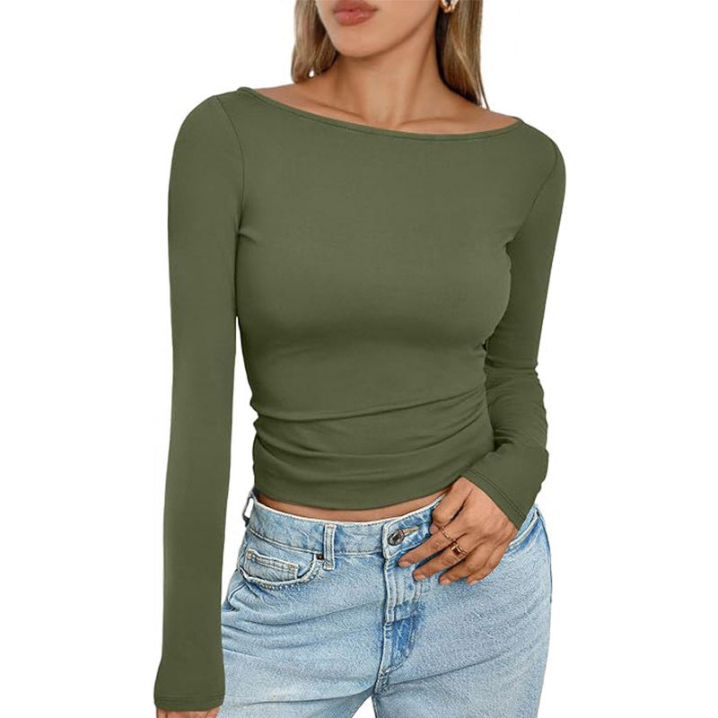 Slim Long‑Sleeve Crop Top – Solid Round Neck Casual Ribbed Shirt - Luxxella