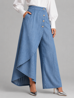 Asymmetrical Wrap Wide Leg Pants - Mid-Rise Button Detail Ruffled Skirted Trousers - Luxxella