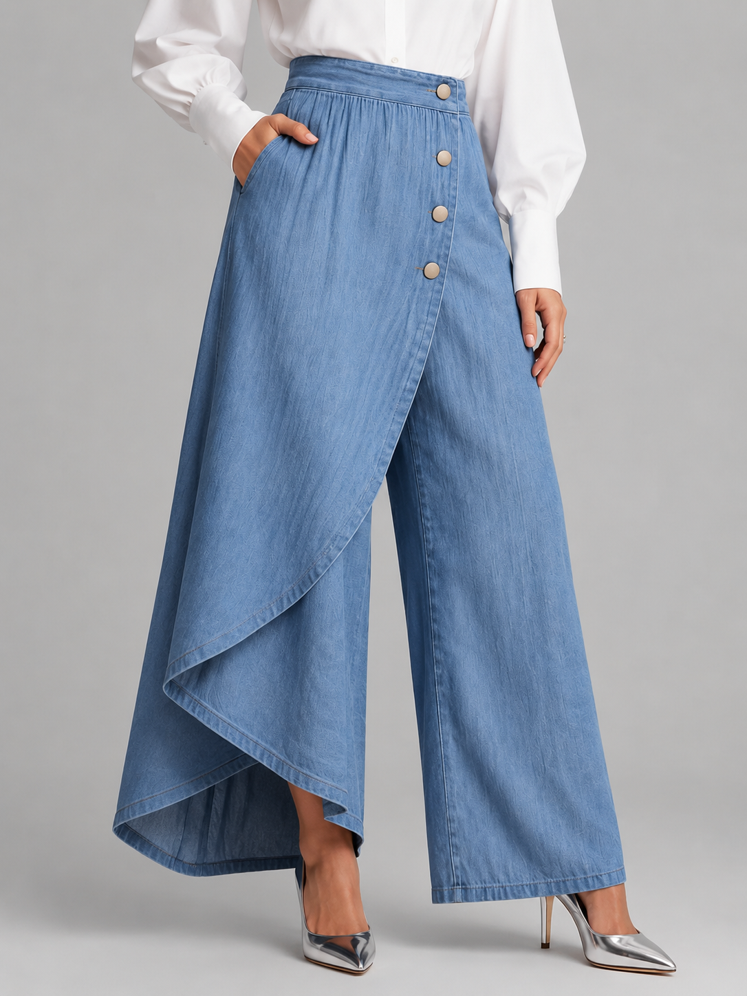 Asymmetrical Wrap Wide Leg Pants - Mid-Rise Button Detail Ruffled Skirted Trousers - Luxxella