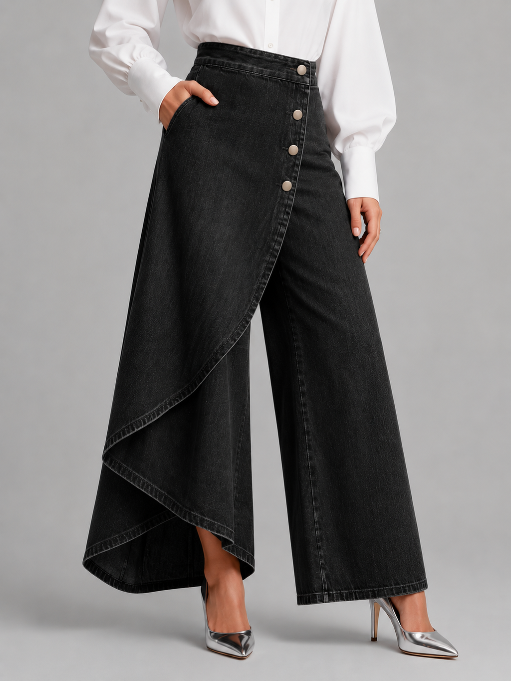 Asymmetrical Wrap Wide Leg Pants - Mid-Rise Button Detail Ruffled Skirted Trousers - Luxxella