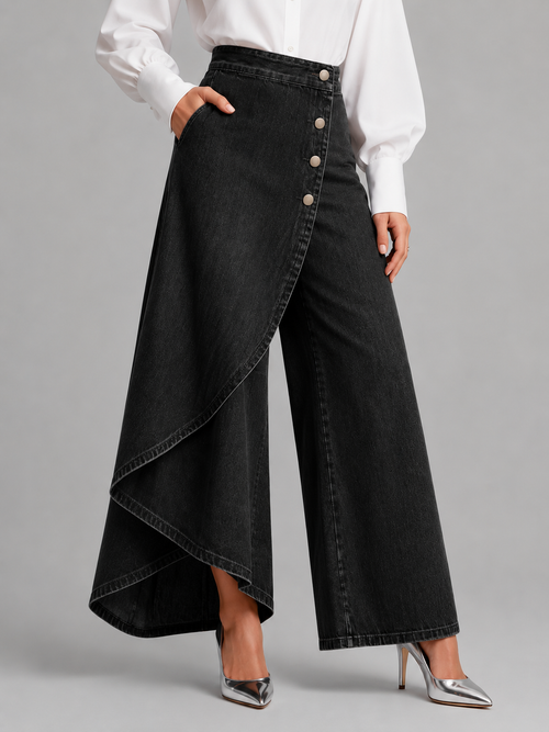 Asymmetrical Wrap Wide Leg Pants - Mid-Rise Button Detail Ruffled Skirted Trousers - Luxxella
