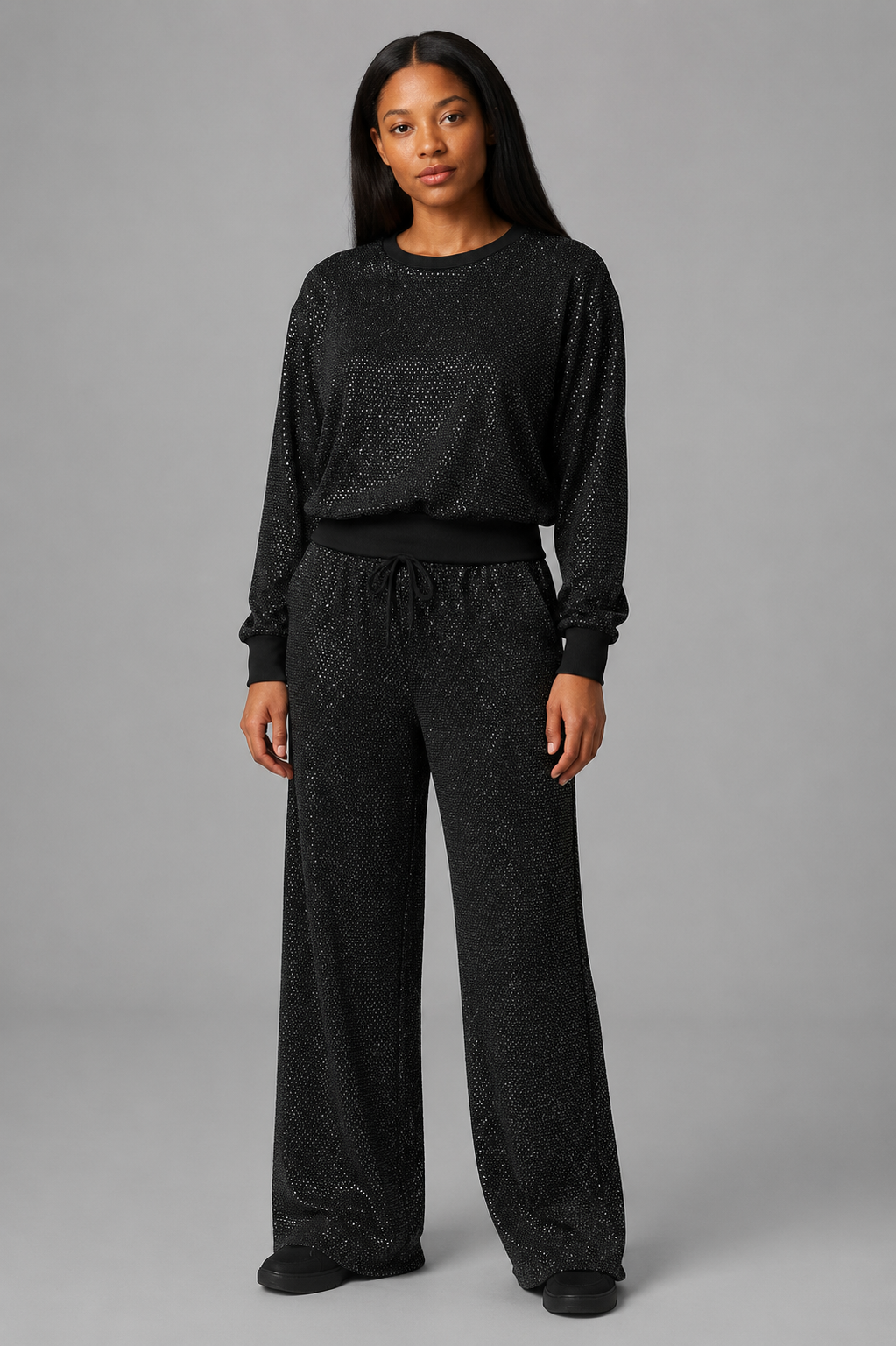 Women's Rhinestone Embellished Sweatshirt & Jogger Set — Glitter Two-Piece Lounge Tracksuit