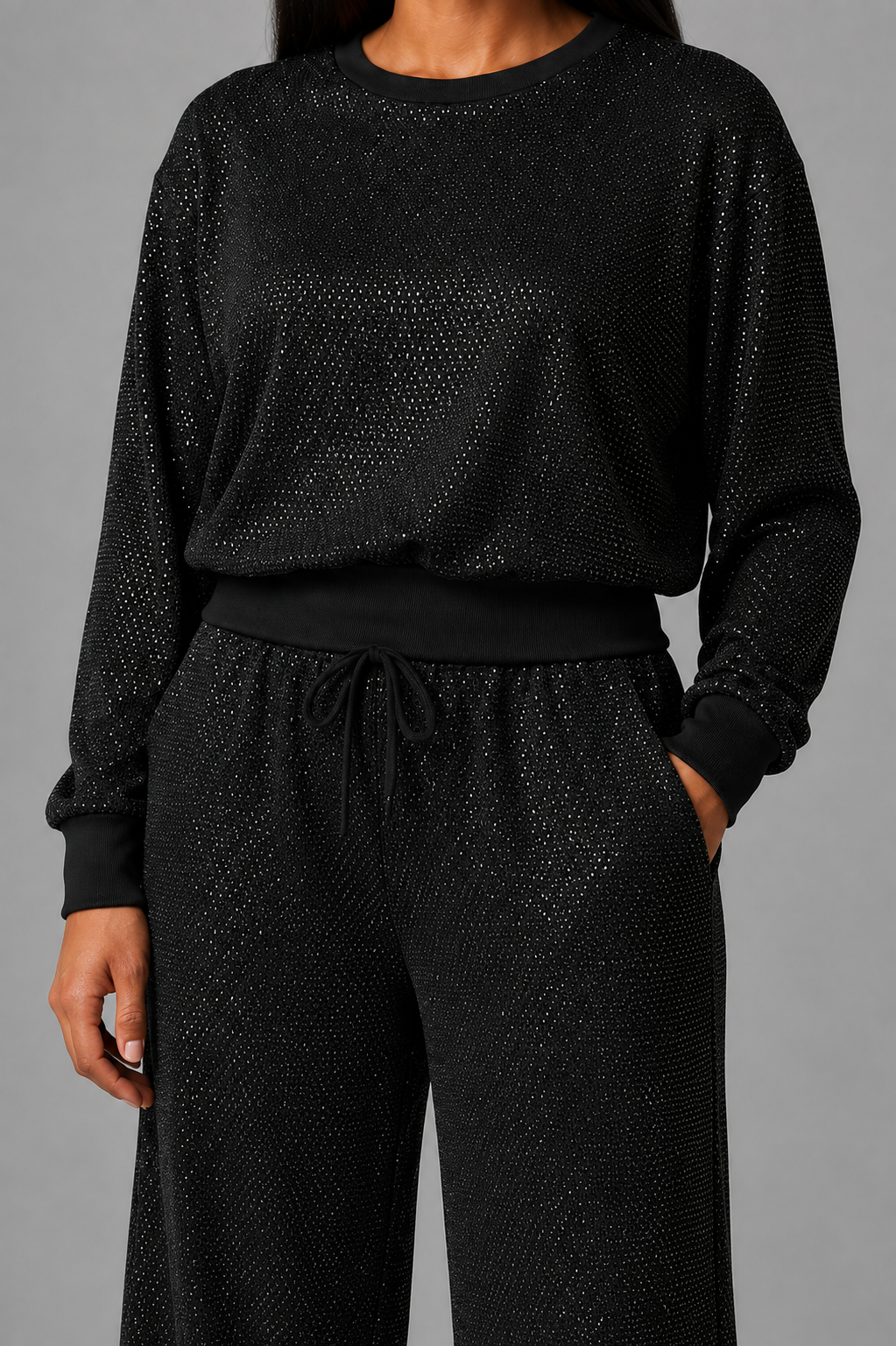 Women's Rhinestone Embellished Sweatshirt & Jogger Set — Glitter Two-Piece Lounge Tracksuit
