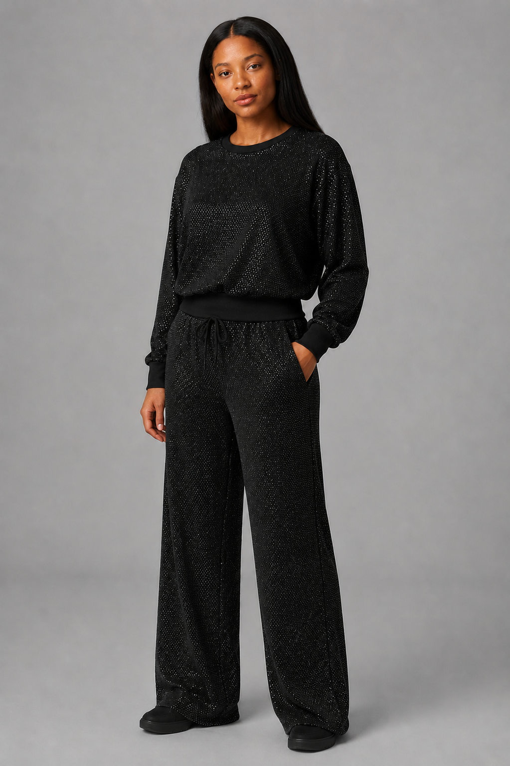 Women's Rhinestone Embellished Sweatshirt & Jogger Set — Glitter Two-Piece Lounge Tracksuit