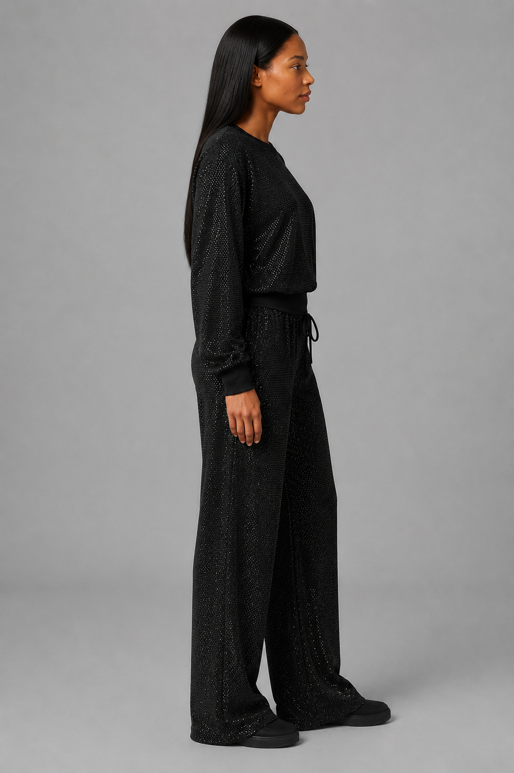 Women's Rhinestone Embellished Sweatshirt & Jogger Set — Glitter Two-Piece Lounge Tracksuit