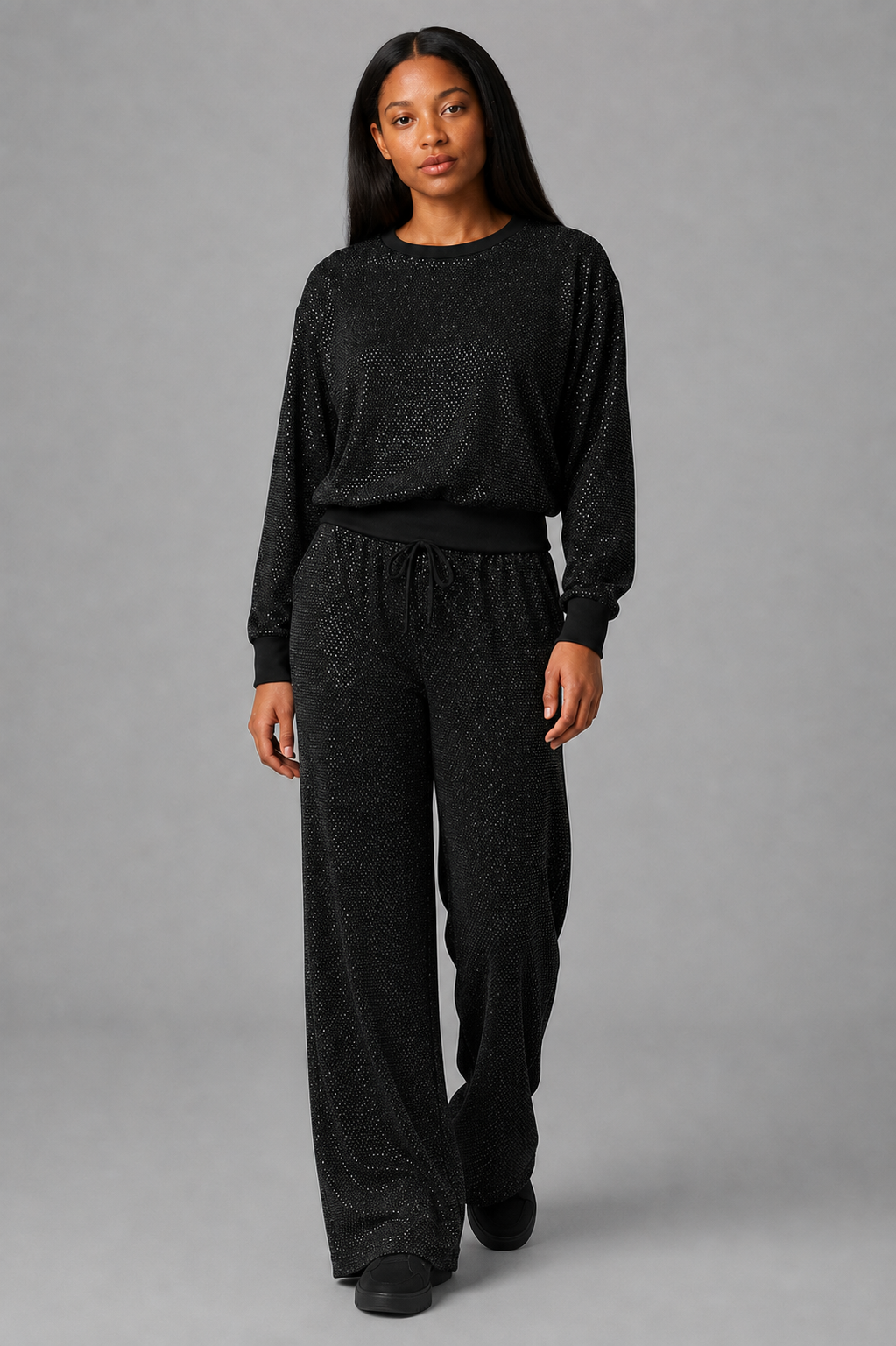 Women's Rhinestone Embellished Sweatshirt & Jogger Set — Glitter Two-Piece Lounge Tracksuit