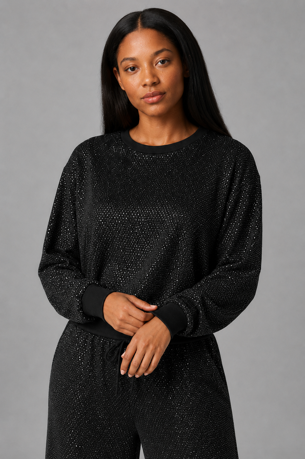 Women's Rhinestone Embellished Sweatshirt & Jogger Set — Glitter Two-Piece Lounge Tracksuit