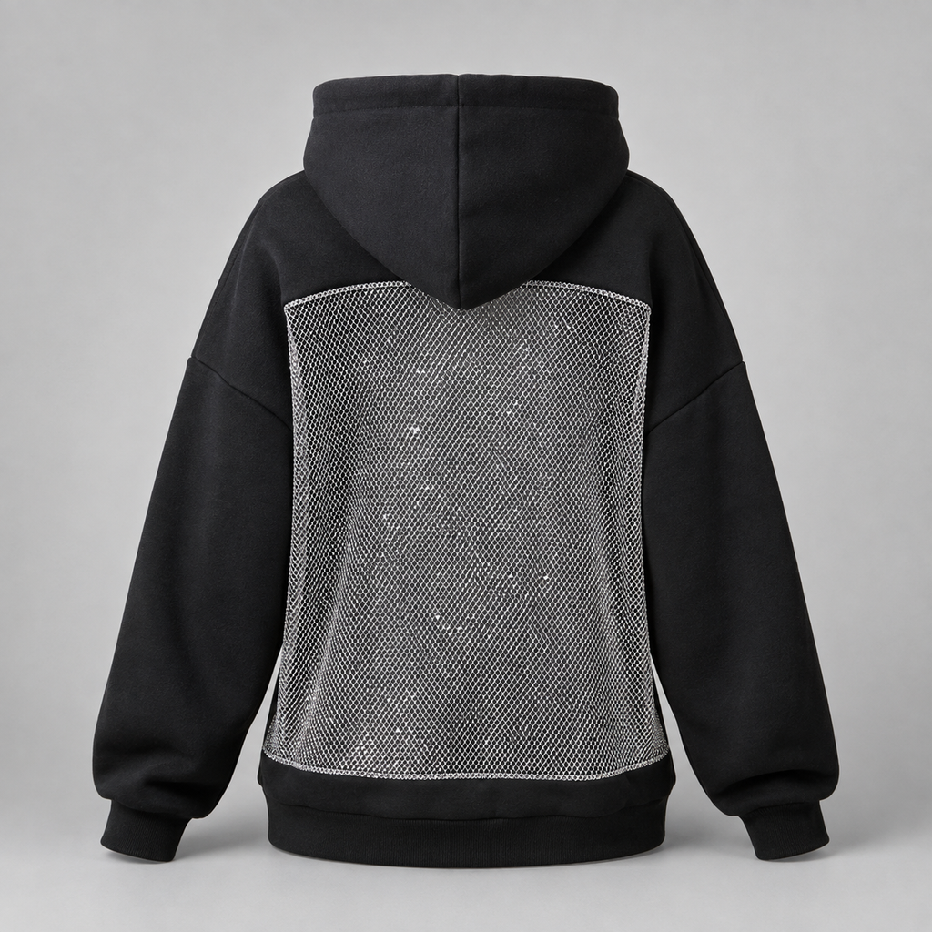 Women's Backless Rhinestone Mesh Hoodie - Open Back Oversized Crystal Chain Sweatshirt for nights out