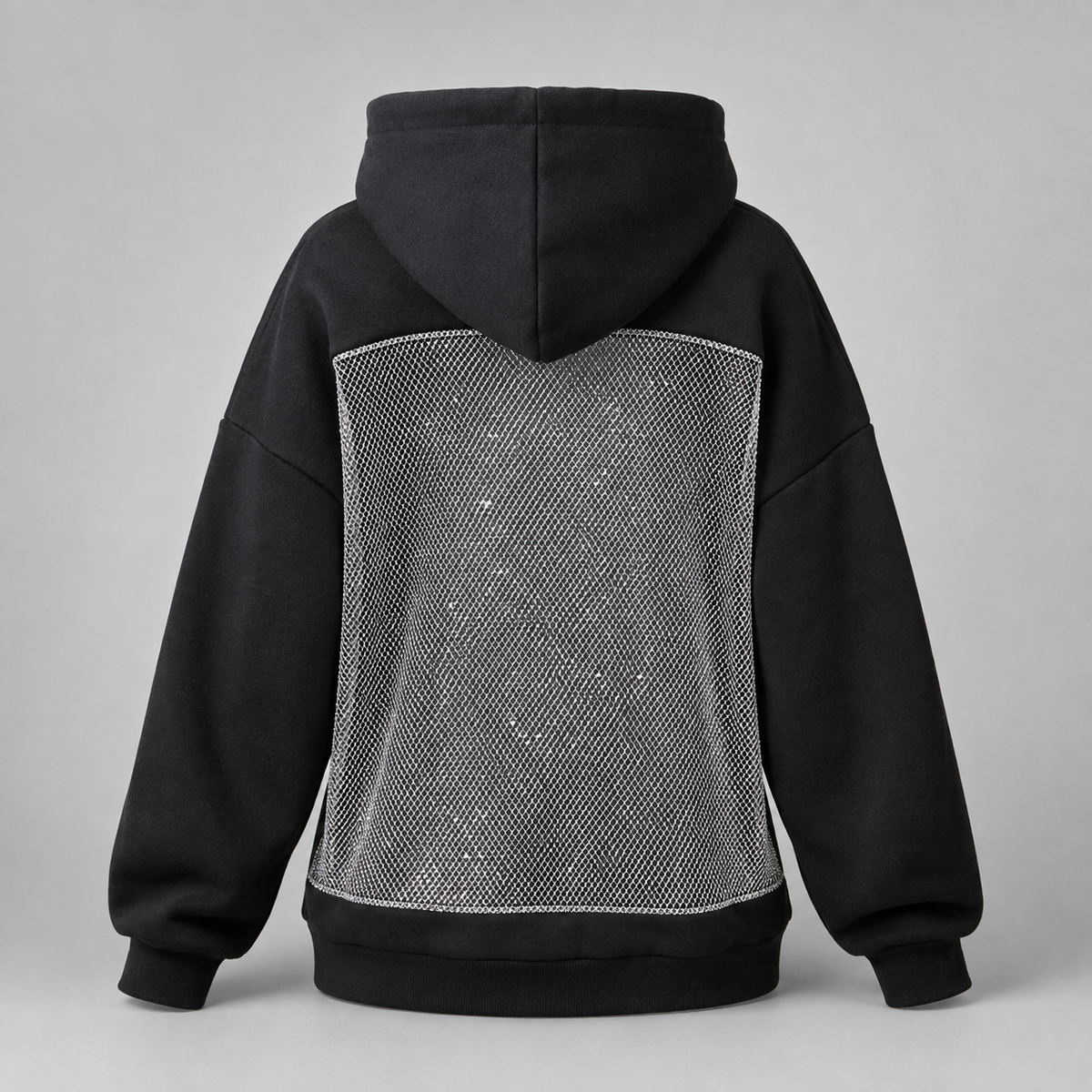 Women's Backless Rhinestone Mesh Hoodie - Open Back Oversized Crystal Chain Sweatshirt for nights out