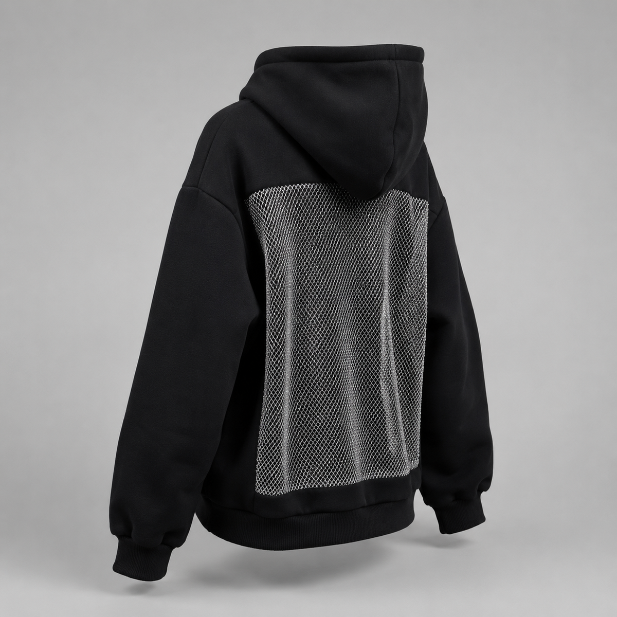 Women's Backless Rhinestone Mesh Hoodie - Open Back Oversized Crystal Chain Sweatshirt for nights out