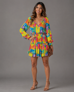 Boho Long Sleeve Mini Dress - V-Neck Ruffled Smocked Tiered Mini Dress - Luxxella