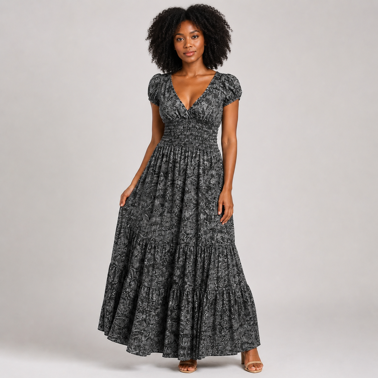 Boho Paisley Print Maxi Dress - Smocked Waist V-Neck Tiered Summer Sundress - Luxxella