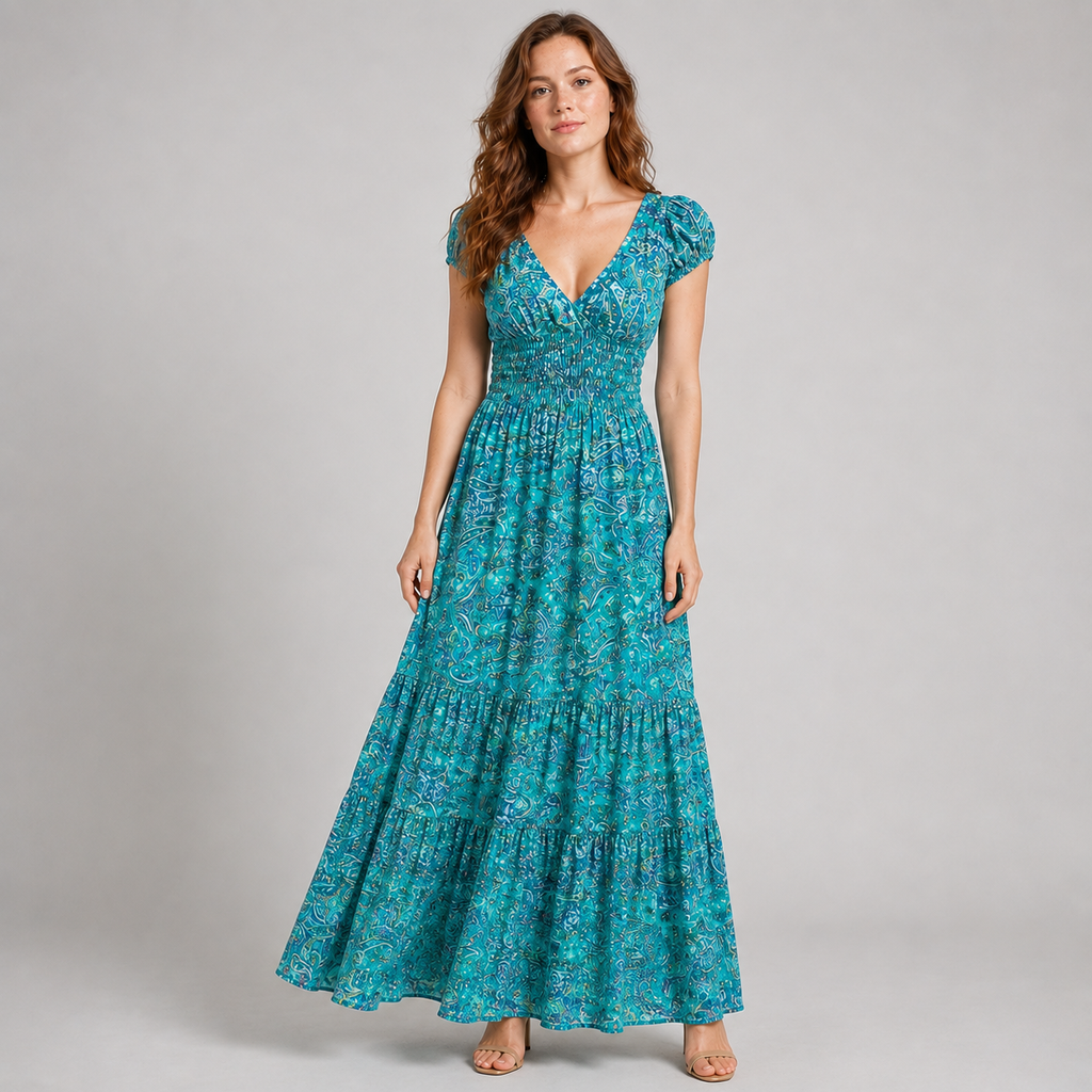 Boho Paisley Print Maxi Dress - Smocked Waist V-Neck Tiered Summer Sundress - Luxxella