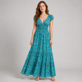 Boho Paisley Print Maxi Dress - Smocked Waist V-Neck Tiered Summer Sundress - Luxxella
