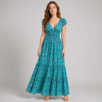 Boho Paisley Print Maxi Dress - Smocked Waist V-Neck Tiered Summer Sundress - Luxxella