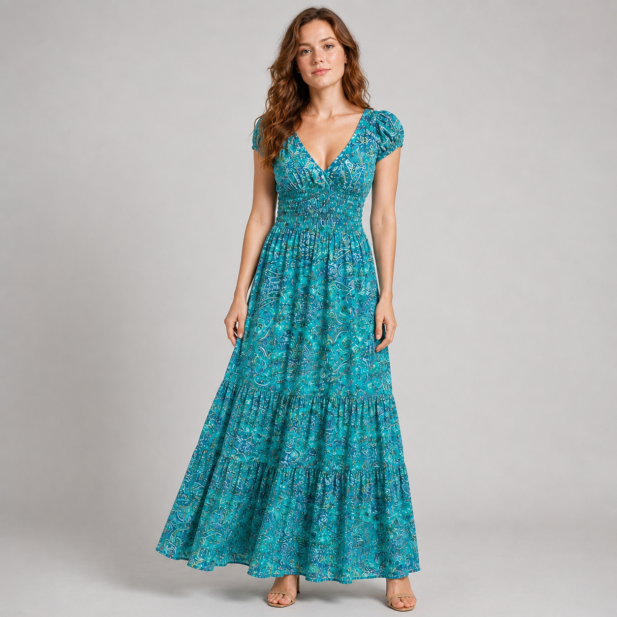 Boho Paisley Print Maxi Dress - Smocked Waist V-Neck Tiered Summer Sundress - Luxxella