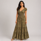 Boho Paisley Print Maxi Dress - Smocked Waist V-Neck Tiered Summer Sundress - Luxxella