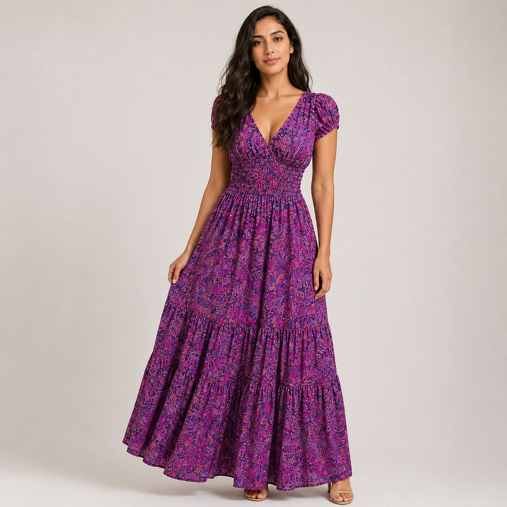 Boho Paisley Print Maxi Dress - Smocked Waist V-Neck Tiered Summer Sundress - Luxxella