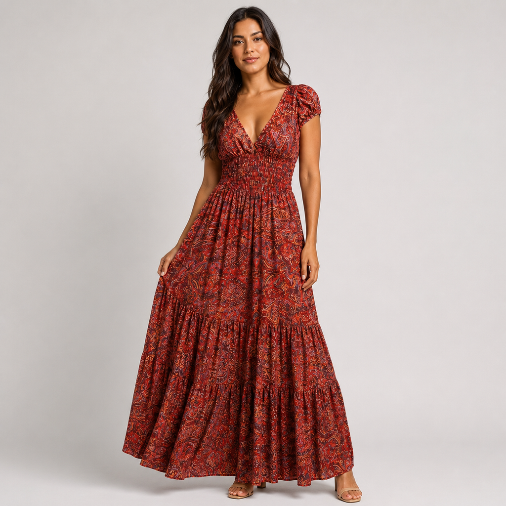 Boho Paisley Print Maxi Dress - Smocked Waist V-Neck Tiered Summer Sundress - Luxxella