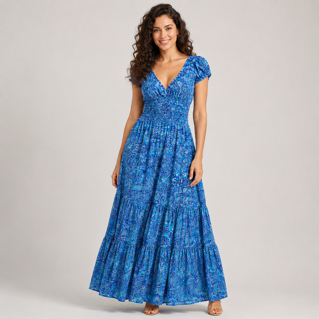 Boho Paisley Print Maxi Dress - Smocked Waist V-Neck Tiered Summer Sundress - Luxxella