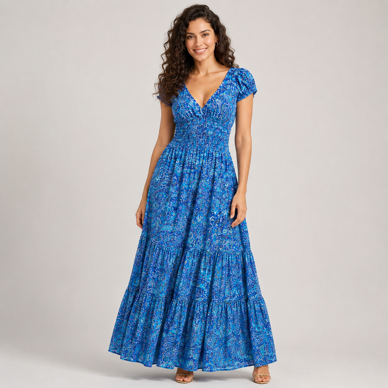 Boho Paisley Print Maxi Dress - Smocked Waist V-Neck Tiered Summer Sundress - Luxxella