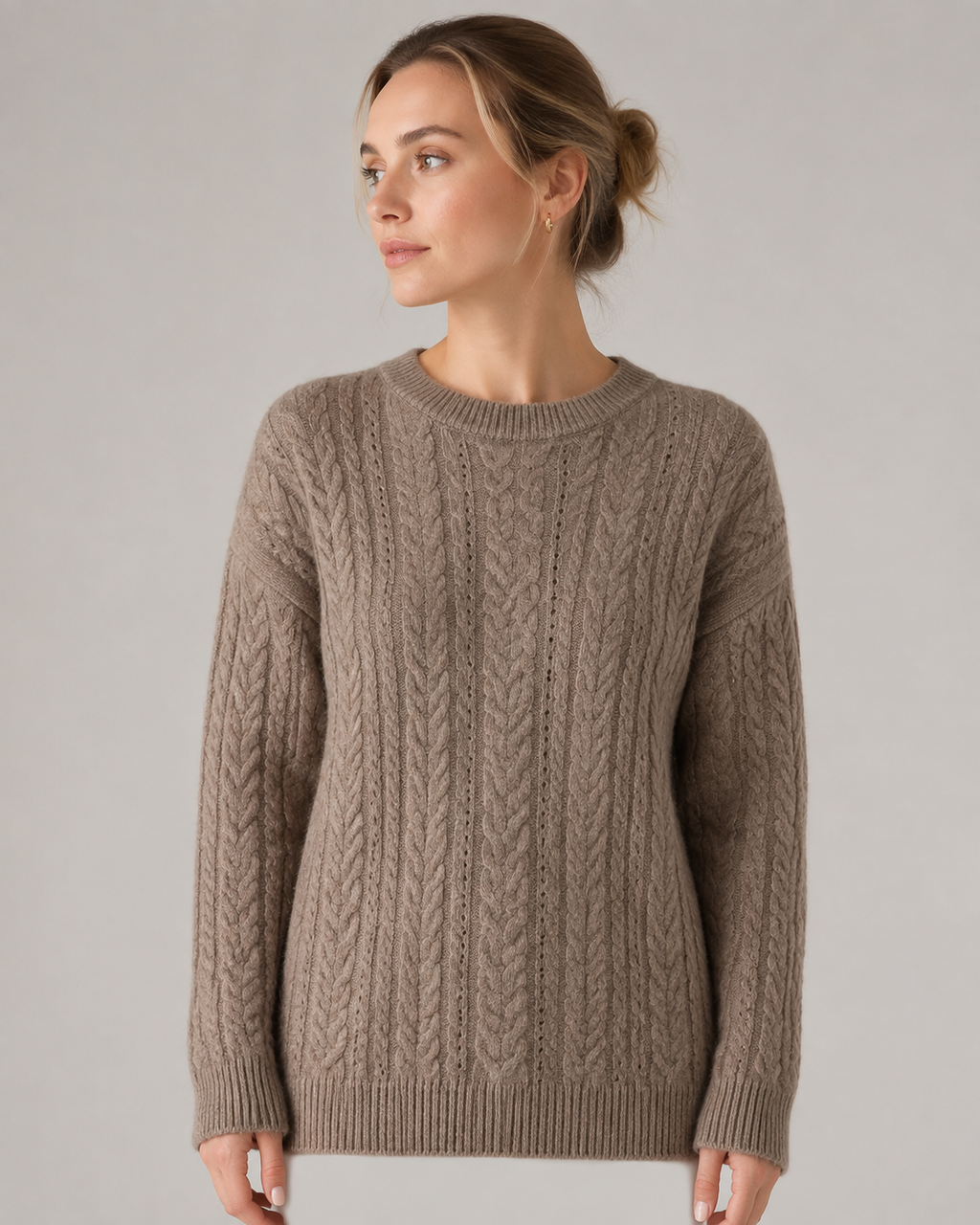 Damen Zopfmuster-Pullover aus Wolle mit Rundhalsausschnitt & Wide-Leg-Hose Lounge-Set — Warmer Winter-Trainingsanzug