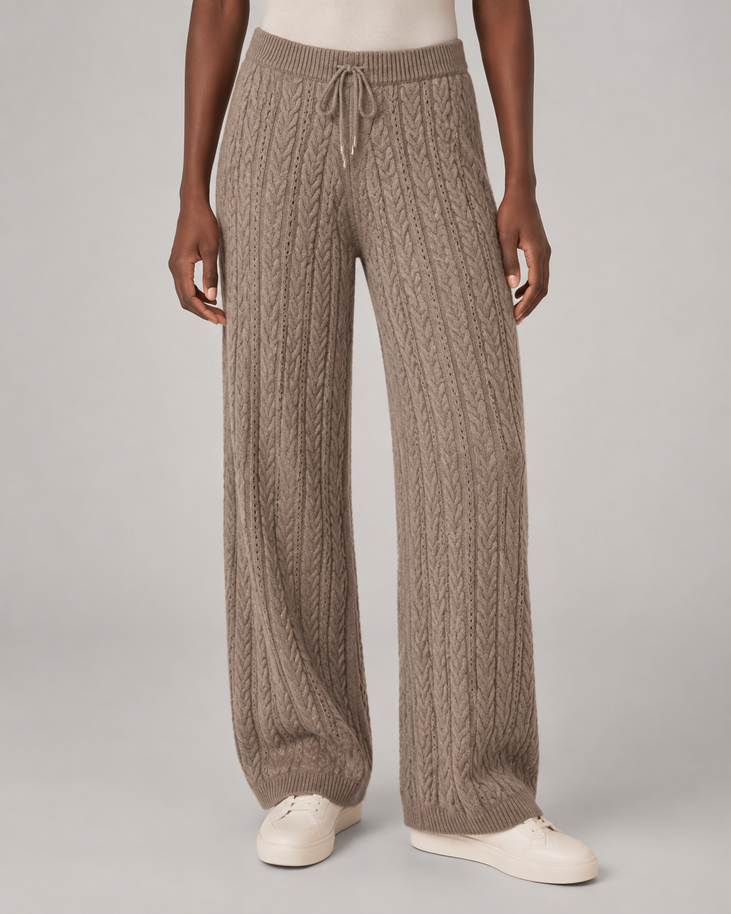 Damen Zopfmuster-Pullover aus Wolle mit Rundhalsausschnitt & Wide-Leg-Hose Lounge-Set — Warmer Winter-Trainingsanzug