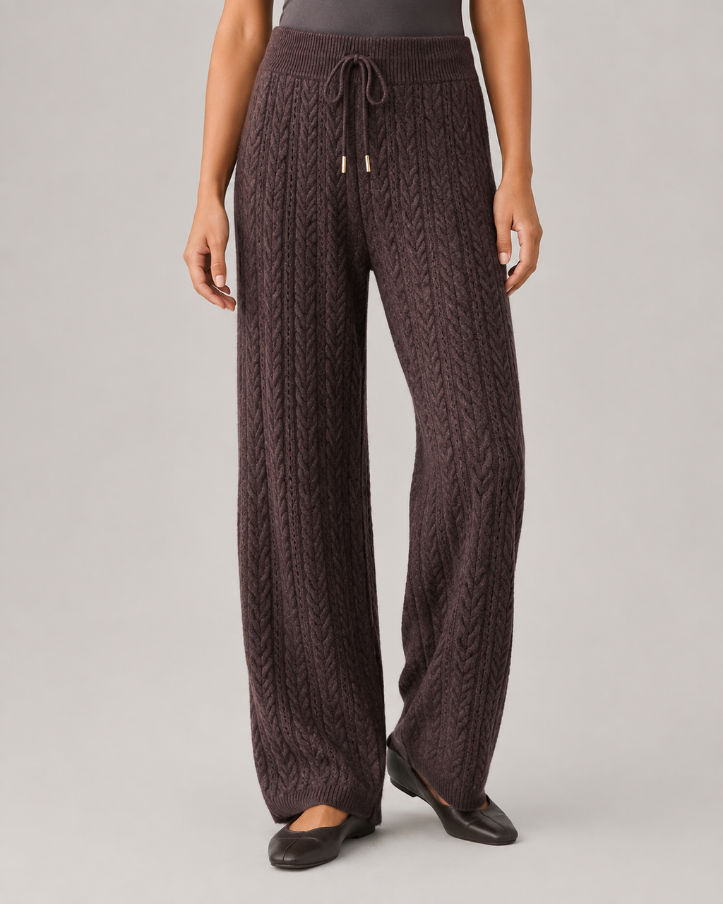 Damen Zopfmuster-Pullover aus Wolle mit Rundhalsausschnitt & Wide-Leg-Hose Lounge-Set — Warmer Winter-Trainingsanzug