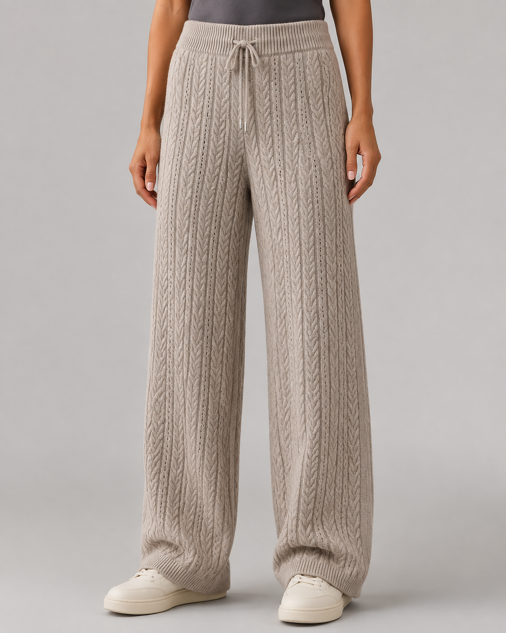 Damen Zopfmuster-Pullover aus Wolle mit Rundhalsausschnitt & Wide-Leg-Hose Lounge-Set — Warmer Winter-Trainingsanzug