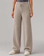 Damen Zopfmuster-Pullover aus Wolle mit Rundhalsausschnitt & Wide-Leg-Hose Lounge-Set — Warmer Winter-Trainingsanzug