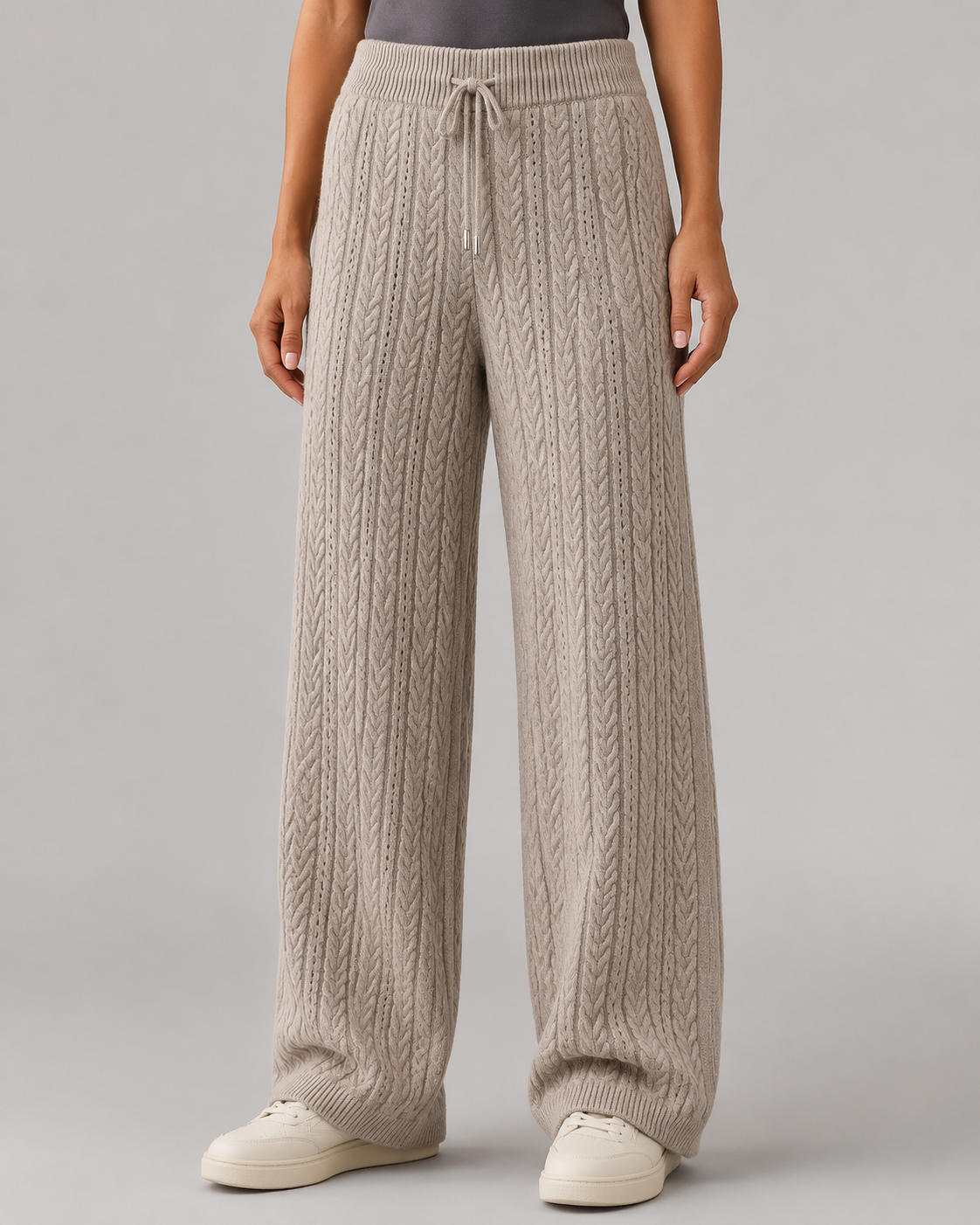 Damen Zopfmuster-Pullover aus Wolle mit Rundhalsausschnitt & Wide-Leg-Hose Lounge-Set — Warmer Winter-Trainingsanzug