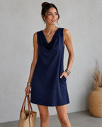 Robe Courte Décontractée Sans Manches Col Benitier - Robe Légère En Mélange Coton Lin Coupe Droite Avec Poches